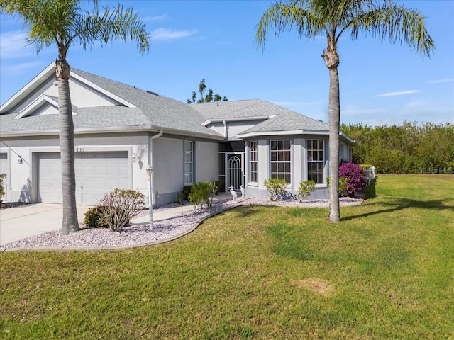 ranch-style home with a garage and a front yard