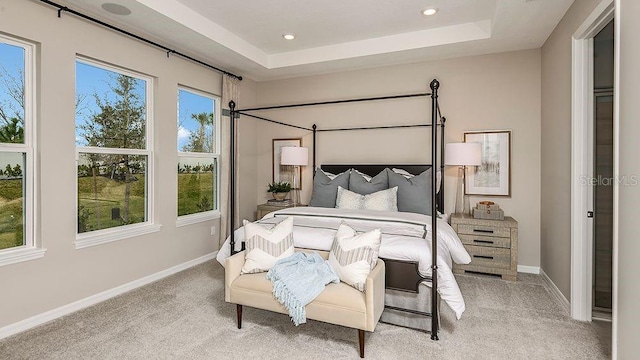 bedroom with a raised ceiling and light colored carpet