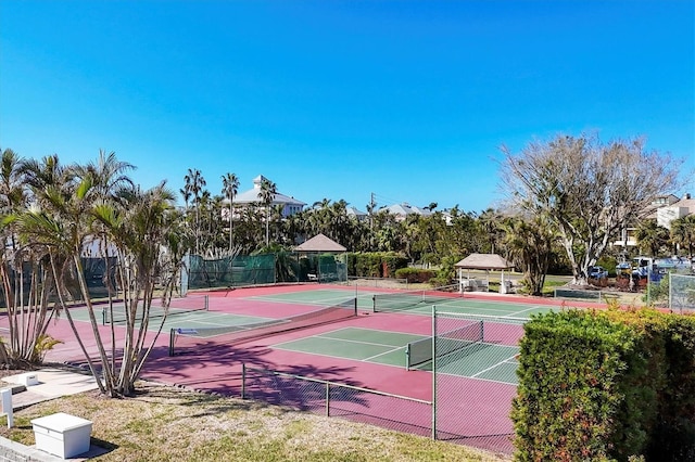 view of tennis court with a gazebo