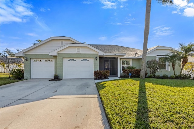 ranch-style house featuring a garage and a front yard