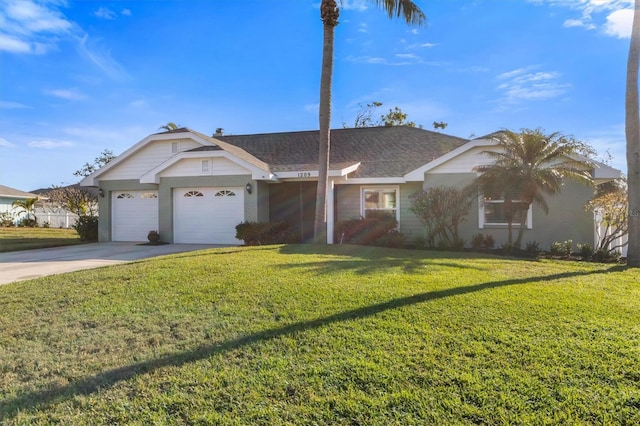 ranch-style home with a garage and a front lawn