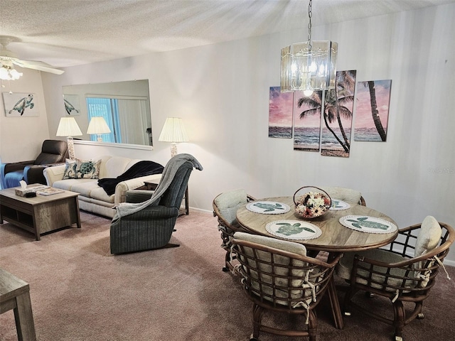 living room with ceiling fan with notable chandelier, carpet, and a textured ceiling