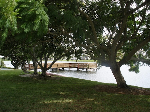 dock area featuring a water view and a lawn