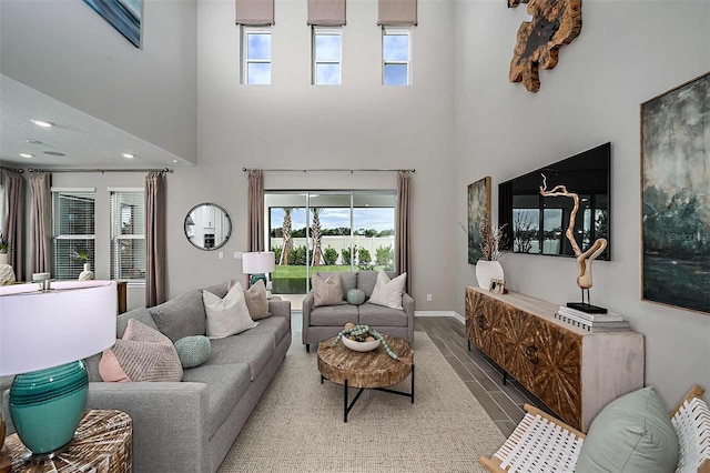 living room featuring a towering ceiling and wood-type flooring