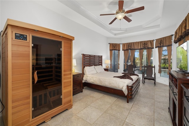 bedroom with a ceiling fan, access to outside, a sauna, a raised ceiling, and crown molding