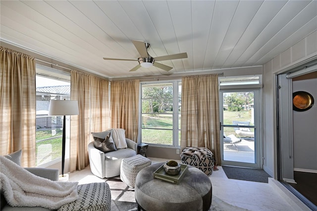 sitting room featuring a wealth of natural light, wooden ceiling, and ceiling fan