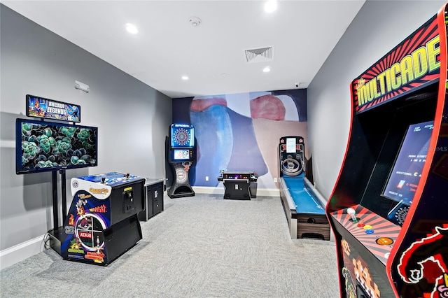 recreation room featuring carpet flooring