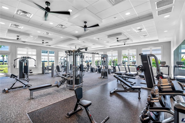 exercise room featuring french doors, ceiling fan, plenty of natural light, and a drop ceiling