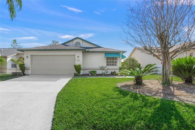ranch-style house with concrete driveway, stucco siding, roof with shingles, an attached garage, and a front yard