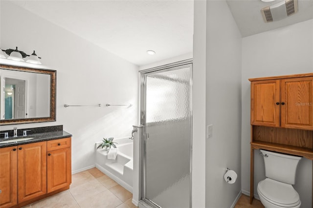bathroom featuring tile patterned flooring, vanity, a stall shower, visible vents, and a bath