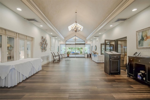 interior space with an inviting chandelier, dark wood-style flooring, french doors, and visible vents