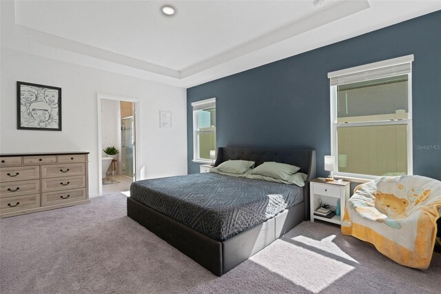 bedroom featuring carpet flooring, connected bathroom, and a tray ceiling