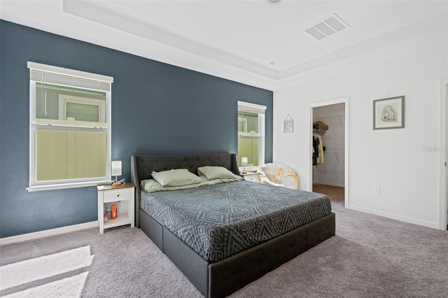 bedroom with light carpet, a closet, a spacious closet, and a raised ceiling