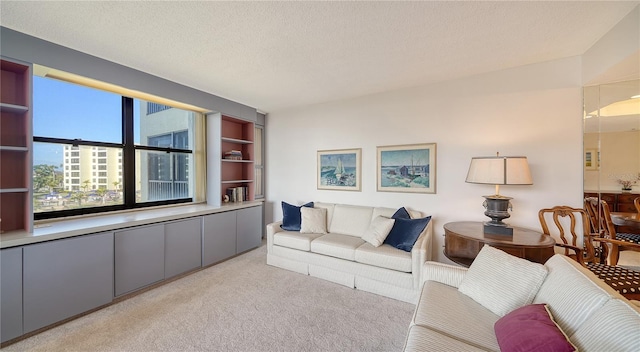 carpeted living room with a textured ceiling