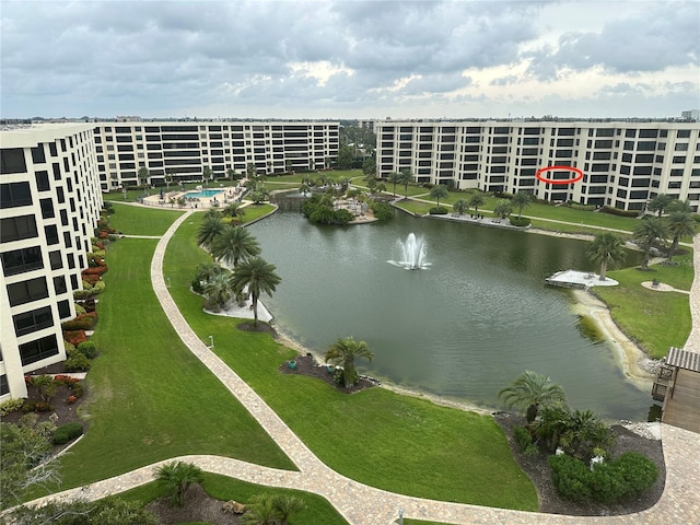 bird's eye view with a water view