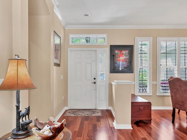 entryway with ornamental molding and wood-type flooring