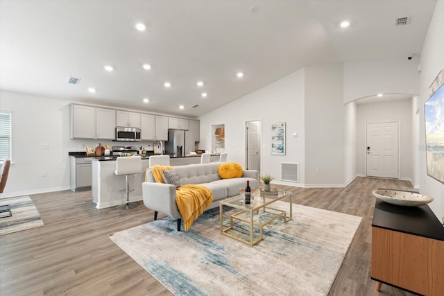 living room with light hardwood / wood-style flooring, high vaulted ceiling, and a healthy amount of sunlight