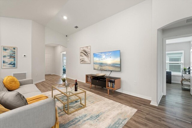 living room featuring lofted ceiling and dark hardwood / wood-style flooring