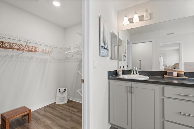 bathroom with hardwood / wood-style flooring and vanity