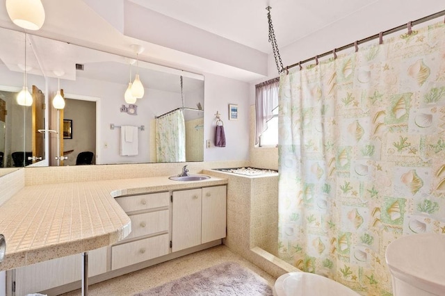 bathroom featuring vanity, a shower with curtain, and toilet