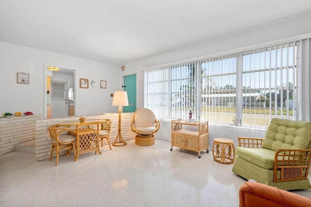 living area featuring speckled floor