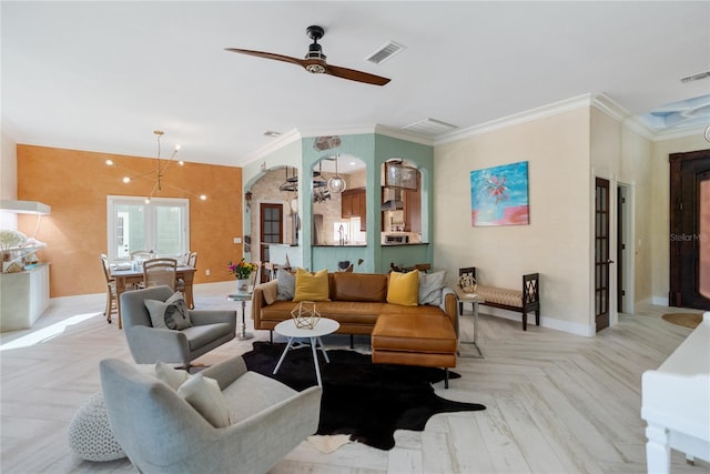 living room featuring crown molding, ceiling fan, and light parquet flooring