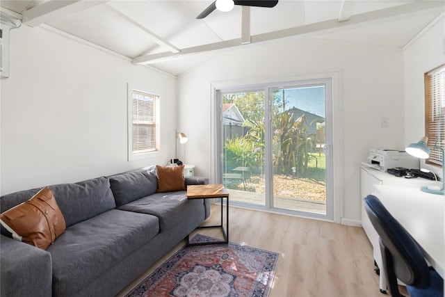 living room with light hardwood / wood-style flooring, lofted ceiling with beams, and ceiling fan