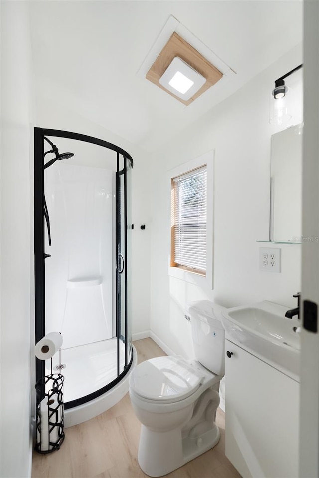 bathroom featuring vanity, toilet, and a shower with shower door