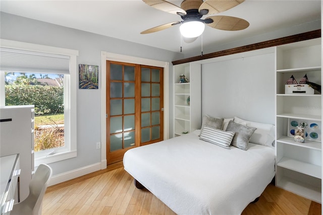 bedroom featuring ceiling fan and light wood-type flooring