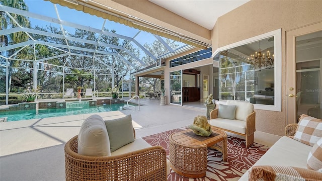 view of patio featuring an outdoor living space and a lanai