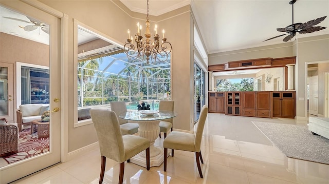 dining space with ornamental molding, light tile patterned floors, and ceiling fan