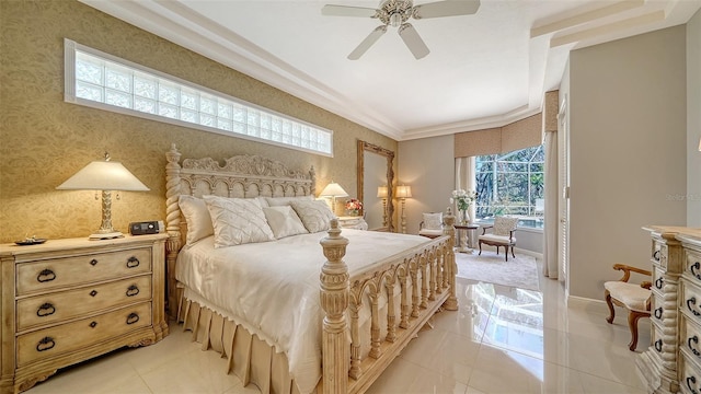 tiled bedroom featuring crown molding, ceiling fan, and multiple windows