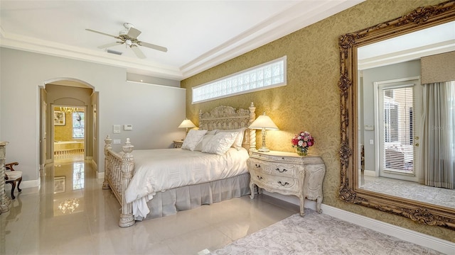 bedroom with multiple windows, ornamental molding, access to exterior, and ceiling fan