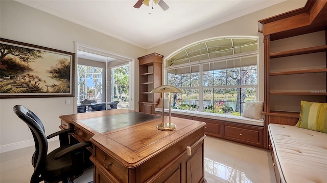 tiled office space with crown molding and ceiling fan