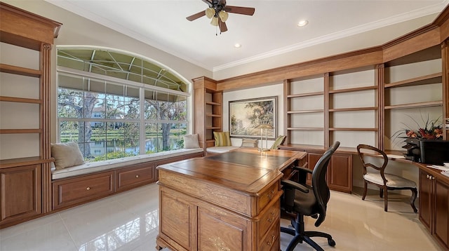 tiled home office with ornamental molding and ceiling fan