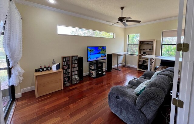 15207 17th Ave E, Bradenton, FL 34212 - living room featuring ornamental molding, wood finished floors, and a ceiling fan