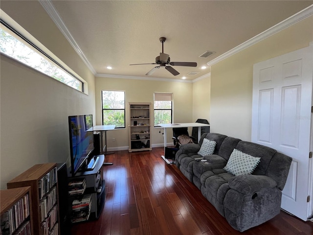15207 17th Ave E, Bradenton, FL 34212 - living room with dark wood-type flooring, ornamental molding, a ceiling fan, and recessed lighting