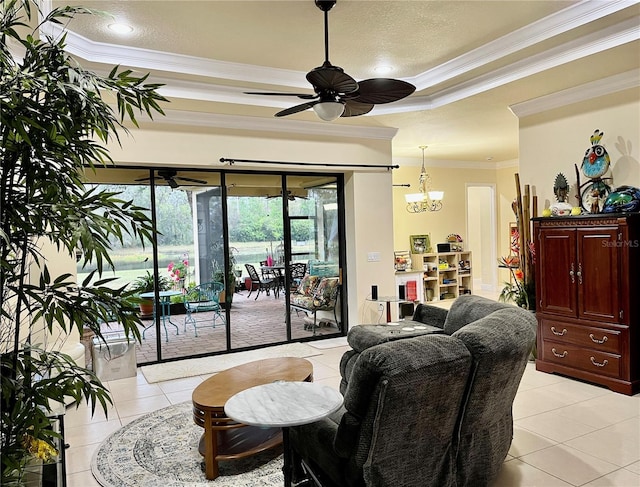 15207 17th Ave E, Bradenton, FL 34212 - living room with ornamental molding, ceiling fan, light tile patterned floors, a tray ceiling, and a chandelier