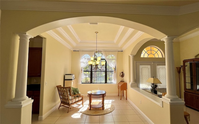 15207 17th Ave E, Bradenton, FL 34212 - sitting room featuring a raised ceiling, light tile patterned flooring, ornamental molding, and a chandelier