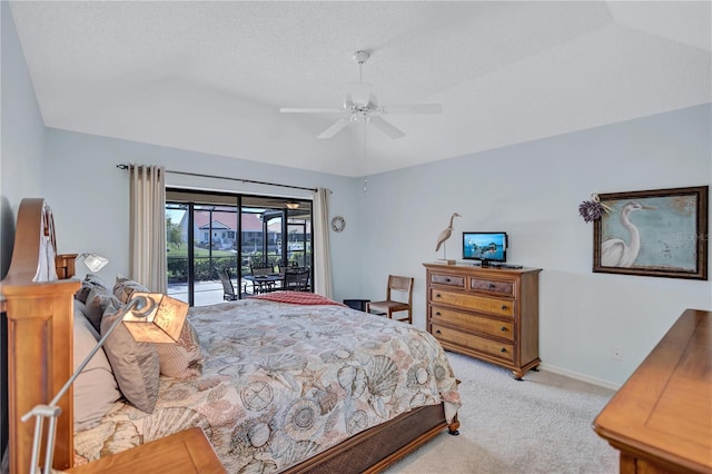 bedroom with light carpet, access to exterior, a textured ceiling, and ceiling fan