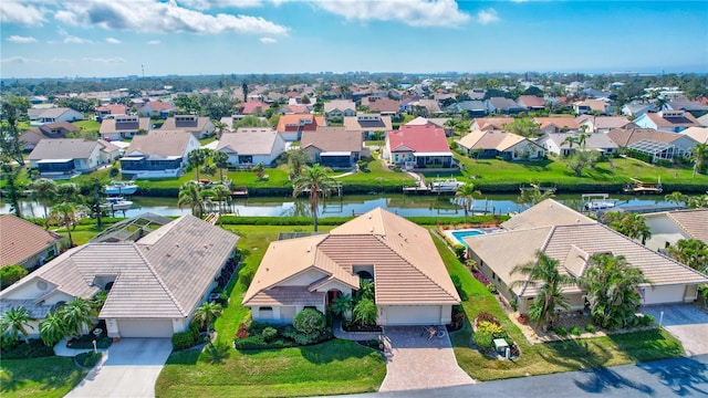 drone / aerial view featuring a water view