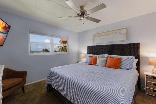 bedroom with dark carpet and ceiling fan