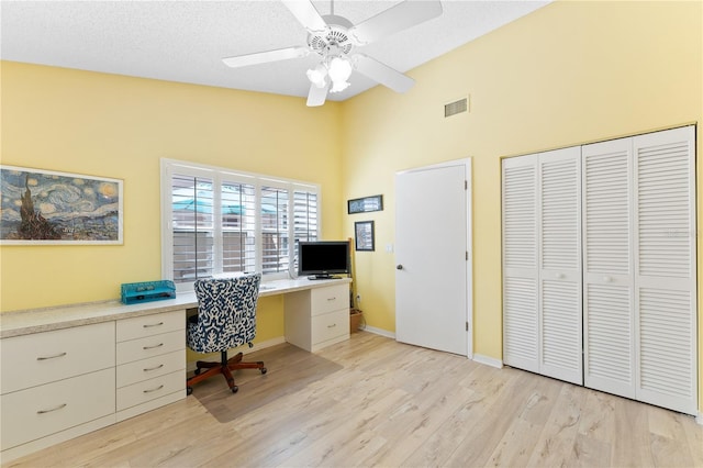 5618 Monte Rosso Rd, Sarasota, FL 34243 - office featuring ceiling fan, built in desk, light hardwood / wood-style flooring, and a textured ceiling
