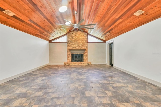 unfurnished living room with wood ceiling, ceiling fan, baseboards, vaulted ceiling, and a fireplace