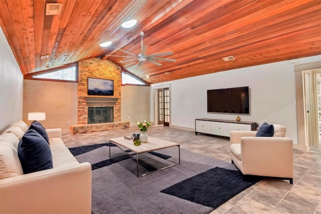 living room featuring wooden ceiling, ceiling fan, a brick fireplace, visible vents, and high vaulted ceiling