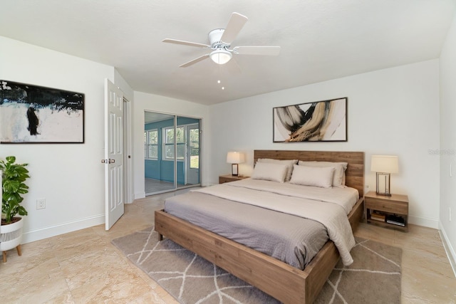 bedroom featuring ceiling fan and access to outside