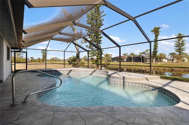 view of pool with a lanai, a patio area, a hot tub, and a water view