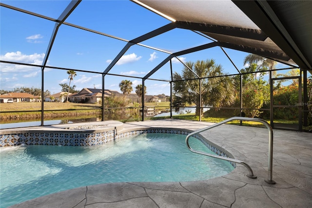 view of swimming pool with a water view, a lanai, a patio area, and a hot tub