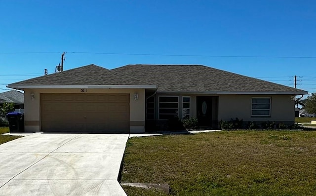 ranch-style home featuring a garage, concrete driveway, a front lawn, and stucco siding