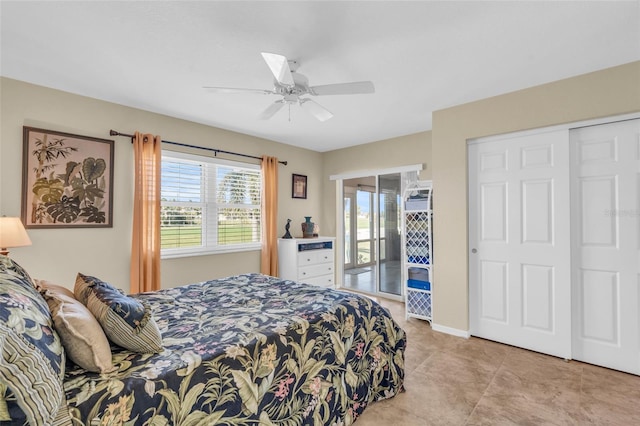 bedroom featuring ceiling fan, access to exterior, and light tile patterned floors